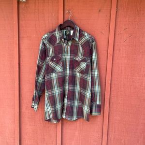 Vintage Saddle King Plaid Western Shirt Red Snap Down 16.5x34